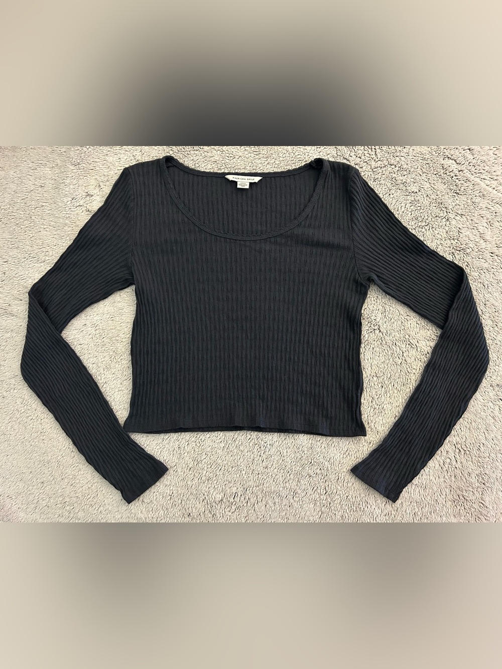 American Eagle Black Ribbed Cropped Long Sleeve Top S